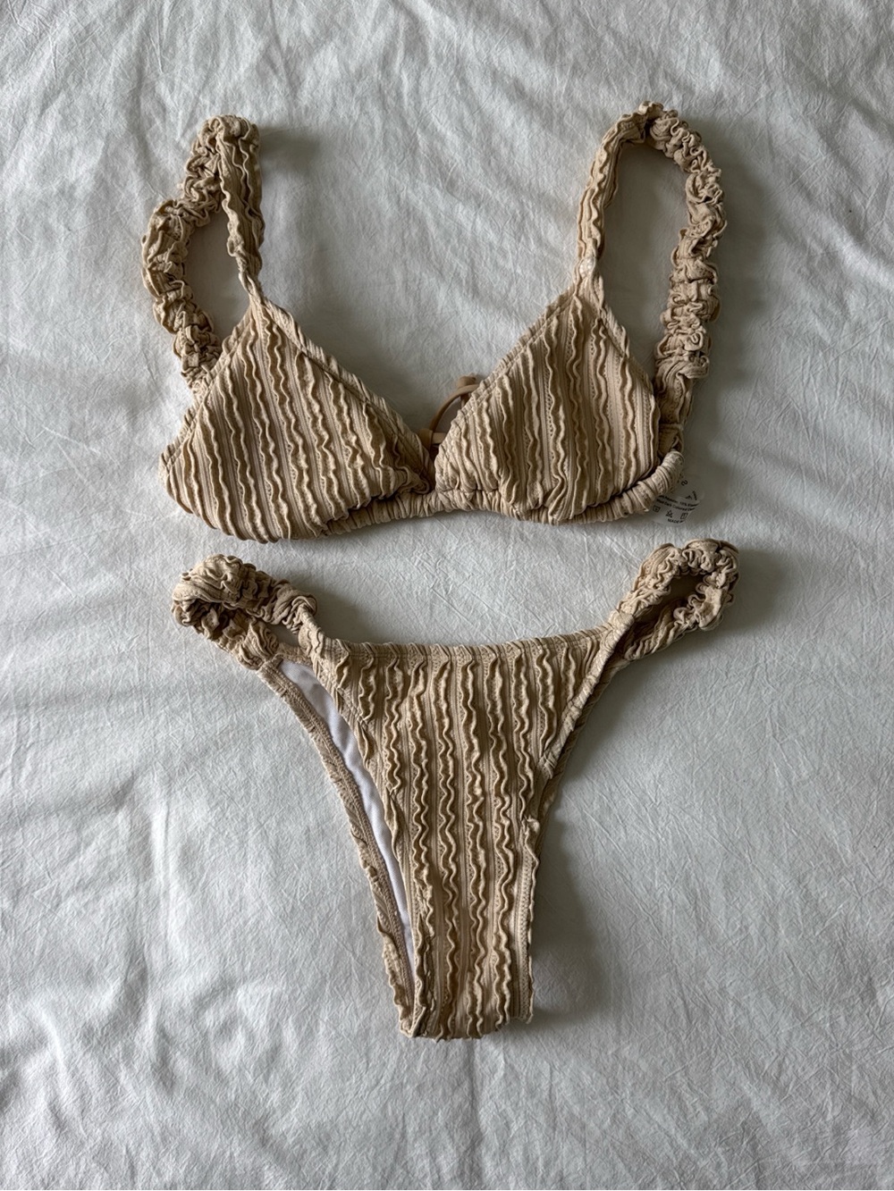 Beige Ruffle Triangle Bikini Set - Women Swim